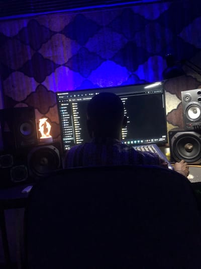 A dimly lit room reveals a person seated before a computer screen displaying audio software. Studio monitors are positioned nearby, both above and below the screen, indicating a possible recording or mixing environment. A patterned rug adds texture to the scene, lit by a blue light source on the left side. A dark object is also in the scene, obstructing the view.