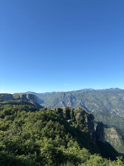 The image displays a panoramic view of a mountainous, forested landscape under a clear blue sky. In the foreground, lush green trees and dense foliage cover a steep incline, with some rocky outcrops visible. To the left, a sheer cliff face with visible strata stands prominently. Further into the mid-ground, rolling hills covered in vegetation stretch out, leading to a series of larger, rugged mountains in the background. The distant mountains are also covered in greenery, with some areas showing exposed rock. The scene suggests a natural, undeveloped area, possibly a national park or remote wilderness. The lighting indicates it is daytime, with sunlight illuminating the landscape. The location is identified as Kućišta, Montenegro, suggesting this view is from a vantage point overlooking the mountainous terrain of that region. There are no people or animals visible in the image.