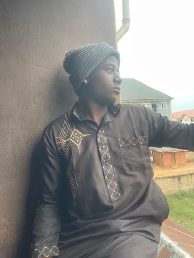 A man wearing a grey beanie and a dark brown long-sleeved shirt with golden embroidery stands against a grey wall. He is looking upwards. Buildings and greenery are visible in the background. The man's shirt features a pocket and decorative stitching around the collar, buttons, and cuffs. The lighting is soft, creating a muted color palette.