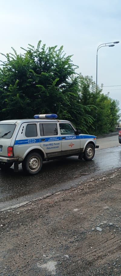 A Russian police vehicle, a silver Niva, is parked on a wet, gravelly road. The vehicle has blue and white markings and a blue light bar on the roof. Text on the side of the vehicle reads "ПОЛИЦИЯ" (Police) and "Отдел МВД России «Завьяловский»" (Department of the Ministry of Internal Affairs of Russia "Zavyalovsky"). To the left of the police car, there are dense green trees. In the background, a street lamp is visible against an overcast sky. The overall environment appears to be on the outskirts of a town or in a rural area.