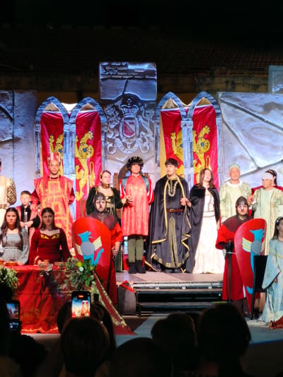 On a stage decorated with large red and gold banners featuring lions, a group of people in medieval-style costumes stand in a line. The backdrop resembles a stone castle. In the foreground, the audience members are visible, with some holding up phones to capture the scene. The event appears to be a historical reenactment or theatrical performance. It is not possible to determine the specific location in Bojano, Italy from the image alone.