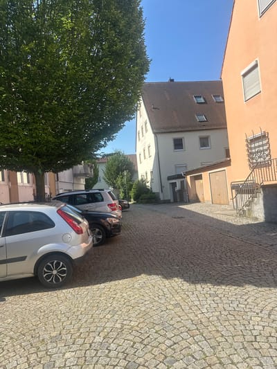 In Mainburg, Germany, a sun-drenched street paved with cobblestones is lined with parked cars and buildings. A large tree with dense green foliage casts a shadow over the scene, its branches reaching towards the bright blue sky. Several cars, including a silver hatchback and a darker SUV, are parked along the street. The buildings surrounding the street vary in color and architectural style, with one notable structure featuring a salmon-pink facade and a black wrought-iron gate. The overall impression is a quiet, picturesque urban setting on a clear day.