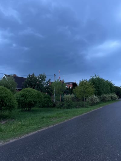 The image depicts a street in Пятница, Russia, at dusk. A dark asphalt road occupies the right side of the frame. The left side shows vegetation including trees, shrubs, and grass. Houses are partially visible amidst the greenery. A communication tower can be seen rising above the buildings. The sky is overcast with dark clouds.