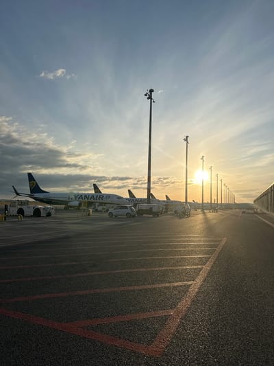 The image depicts an airfield at sunset, likely at Berlin Brandenburg Airport (BER) in Schönefeld, Germany, given the presence of Ryanair aircraft. In the foreground, a tarmac is marked with red lines, indicating parking or taxiing areas. Several Ryanair Boeing 737 airplanes are parked in a row, their livery clearly visible. Various airport service vehicles, including a tow tractor and utility carts, are positioned near the aircraft. A white car is parked on the tarmac between the planes. Tall light poles with multiple lamps line the airfield. The sun is low on the horizon, casting a warm, golden light and long shadows across the scene. The sky is a mix of blue and scattered clouds, with the sun's rays creating a bright glare. The overall impression is one of an active airport at the end of the day.