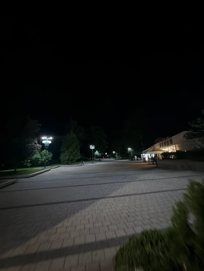 The image depicts an outdoor scene at night, likely a public area such as a park or walkway, in the city of Pravets, Bulgaria. The foreground features a paved walkway with a patterned texture, cast in shadow and illuminated by ambient light. To the left, a grassy area is bordered by a raised concrete edge, with a tall, multi-headed lamppost providing illumination. Further back on the left, several trees are visible, some with foliage illuminated by artificial light. A tall, conical evergreen tree stands prominently in the middle ground. To the right, a building with illuminated windows and an awning is partially visible. Several indistinct figures appear to be standing or walking near the building's entrance. Another lamppost, similar to the one on the left, is visible in the distance on the right. The overall environment is dark, with artificial lighting highlighting specific areas of the scene.