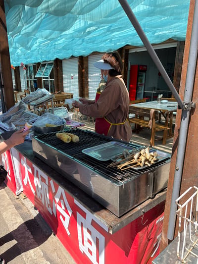 This image depicts an outdoor food stall scene in Jiejinkou, China, bathed in bright daylight with distinct shadows indicating sunny weather. A vendor, wearing a brown jacket, a red apron, a face mask, and a white visor, is actively grilling food.

The primary activity involves the vendor cooking various items on a rectangular grill. Visible on the grill are several skewers of small fish or seafood and two ears of corn. A metal tray sits next to the grill, possibly holding food items awaiting or post-grilling. In the immediate foreground, a customer's hand is visible, holding a pink and white ice cream cone.

The food stall features a red base with large white Chinese characters printed on it. "国" (guó) and "食" (shí) are clearly discernible, likely part of a phrase related to "national food" or "cuisine." The stall is situated under a light blue, wavy canopy or draped ceiling, providing shade. Behind the vendor, rustic wooden tables and chairs are visible, suggesting an eating area for patrons. A building with an open window and a red refrigerator can be seen further back, possibly a shop or storage area connected to the food vendors. The scene portrays a lively, casual street food market environment.