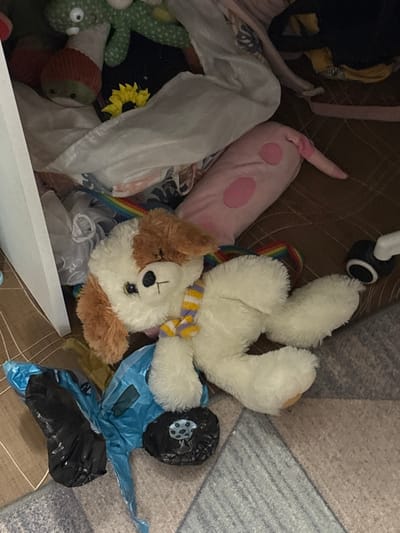An indoor scene in Krasny Klyuch, Russia, depicts a cluttered floor adjacent to a partially visible white vertical furniture panel. In the foreground, a white and brown stuffed dog toy with a yellow and purple striped scarf lies horizontally on the patterned floor. To its lower left, a deflated blue balloon, resembling a vehicle with black wheels, rests on the floor. To the right of the stuffed dog, a black cylindrical object with a white base is visible. Behind the stuffed dog and extending under the white panel, various items are disorganized. These include a long pink stuffed object with two pink circular markings and a small tail, a green textured stuffed animal with white eyes, a light green stuffed figure with an orange hat, a small yellow sunflower decoration, several white plastic bags, and a rainbow-patterned fabric strip. The floor exhibits a geometric pattern of light brown and grey sections. No individuals are present.