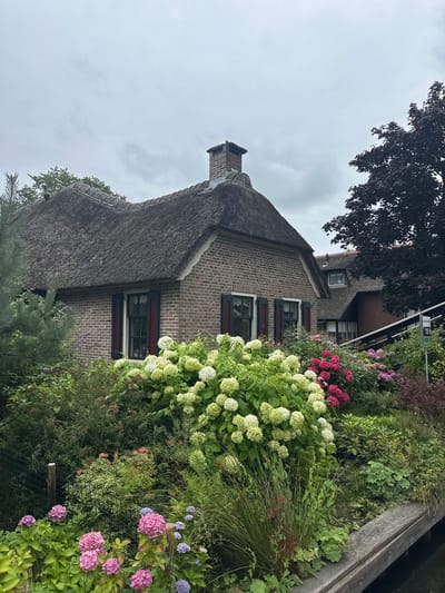 This is a photograph of a traditional Dutch cottage with a thatched roof in Giethoorn, Netherlands. The cottage is constructed of brick and features dark shutters on its windows. A chimney made of brick rises from the roof. The house is surrounded by a lush garden filled with a variety of flowering plants, including large white hydrangeas and pink and purple hydrangeas. A dark-leaved tree is visible to the right of the house, and a pine tree is on the left. The sky is overcast, suggesting a cloudy day. In the background, another thatched-roof building can be seen, and a signpost with Dutch text is partially visible on the right side of the image. The foreground includes a wooden structure that appears to be a fence or the edge of a walkway bordering a body of water, which is dark and likely a canal. No people are present in the image.