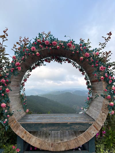 This is a photograph of an outdoor decorative archway adorned with pink roses and greenery, framing a scenic view of rolling hills and a misty sky. The archway is constructed from weathered wooden planks and appears to be circular or oval in shape. A rustic wooden bench is built into the base of the arch. The location is identified as Xuan Truong in Da Lat, Vietnam, a region known for its picturesque landscapes and flower farms. The image captures a tranquil and romantic atmosphere, likely intended as a photo opportunity for visitors.