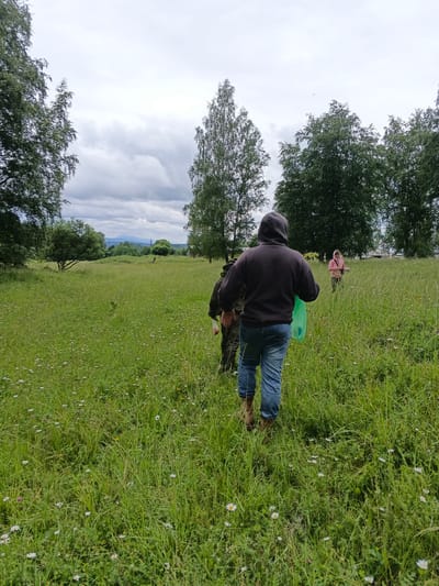 This image depicts an outdoor scene in Medvedevka, Russia, with four individuals walking through a lush, grassy field dotted with small white flowers. The sky is overcast with heavy clouds, suggesting a potentially cool or damp day.

In the foreground, a person wearing a dark hoodie, blue jeans, and brown boots is walking away from the camera, carrying a translucent green bag. To their left and slightly behind, another individual is partially visible, wearing a camouflage-patterned jacket and dark pants. Further ahead in the field, a person in a light pink hooded jacket is walking towards the right side of the frame. In the background, more trees and a distant mountain range are visible under the cloudy sky. The overall environment appears rural and natural, with a focus on the grassy landscape.