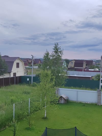 The image depicts a rural landscape in Zhal'skoe, Russia, under an overcast sky. The scene is dominated by a residential area with several houses, characterized by their distinctive brown-tiled roofs and light-colored siding. Green fences demarcate the properties, with one fence constructed of brown corrugated metal and another of dark green material. Beyond the immediate houses, more rooftops are visible in the distance, suggesting a village or suburban setting.

A prominent feature of the foreground is a vibrant green lawn, meticulously maintained, contrasting with the taller, wilder grass growing beyond the fence lines. Several trees are scattered throughout the scene, including a slender birch tree with white bark standing tall in the center, and other leafy trees with lighter green foliage. A small, rustic wooden structure, resembling a miniature house or shelter, sits on the lawn near the fence.

In the middle ground, a utility pole with electrical wires runs vertically, with a bird perched atop it. The overall atmosphere is serene and quiet, suggesting a peaceful rural day. The time of day appears to be late afternoon or early evening, given the soft, diffused light and the muted colors of the sky, which is filled with layers of clouds. There is no visible text in the image. The scene conveys a sense of domestic tranquility within a natural, semi-urban environment.