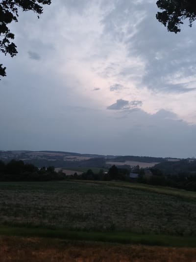 The image depicts a twilight landscape in Berg, Germany. The foreground features a field with rows of harvested crops, possibly wheat or barley, with a dark green strip of grass bordering it. Beyond the field, a rolling hills landscape is visible, dotted with trees and agricultural fields. In the distance, a small town or village can be seen nestled among the hills, with some buildings and lights indicating human settlement. The sky is overcast with dramatic clouds, suggesting the end of a day or approaching weather. Two dark, silhouetted tree branches frame the upper corners of the image, adding depth and a sense of enclosure. The overall atmosphere is serene and melancholic, with muted colors and low light conditions.