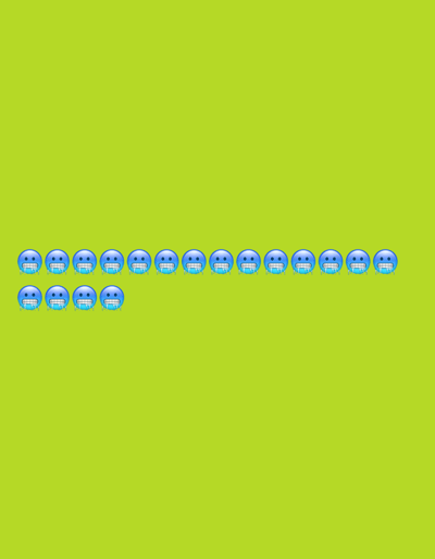 The image shows a pale green background with a horizontal row of blue, cartoonish faces. The faces have wide, open mouths with visible teeth and have icicles or drips hanging from their mouths, suggesting they are cold or freezing. There are two rows of these faces, with the top row containing thirteen faces and the bottom row containing four faces, slightly offset to the left and lower than the top row. The image does not depict any elements related to the city of Veliki Preslav, Bulgaria.