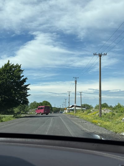 The image captures a view from inside a vehicle traveling on a paved road through a rural or semi-rural area. The sky is bright blue with scattered white clouds. On the left side of the road, a large, dense green tree stands prominently. In the distance, a red minivan is driving away from the camera. The road is lined with utility poles carrying electrical wires. On the right side of the road, there is vegetation, piles of debris or gravel, and more utility poles. In the background, houses and trees suggest a settlement. The overall impression is of a sunny day in a somewhat undeveloped area. The location is identified as the city of Alagir, Russia.