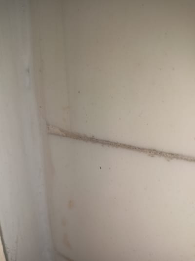 The image shows a close-up view of a horizontal seam or crack in a smooth, light-colored, possibly plastic or composite material. The seam is filled with a rough, granular substance, appearing to be dirt, dust, or some form of debris. The material surrounding the seam is relatively clean, with some minor smudges and faint specks visible. The lighting is diffuse, casting no strong shadows. There are no people, animals, or discernible objects other than the material itself and the debris within the seam. The context of Grudziądz, Poland, is not visually represented in the image, as it depicts an abstract detail of a surface.