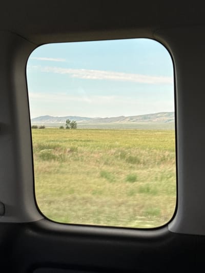 The image shows a view of a rural landscape through a car window. The window frames a green field with some scattered trees and bushes in the middle distance, leading to a range of rolling hills under a pale blue sky with thin white clouds. The interior of the car, including the window frame and a portion of the dashboard or door panel, is visible in the foreground, out of focus. There are no people or animals visible in the scene. The overall impression is of a quiet, expansive natural environment. The image does not contain any information that would allow for identification of the specific location within Chaptykov, Russia.
