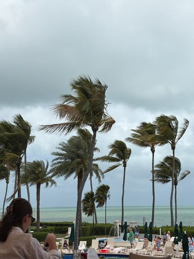 The image shows a scene at what appears to be a resort or hotel in Key Biscayne, United States of America. Palm trees frame the view of the ocean, visible in the background. There's a pool area with lounge chairs and people relaxing or walking around. In the foreground, a person with dark hair and sunglasses is partially visible, suggesting they are seated at a table, possibly at a restaurant or bar, enjoying the view. The sky is overcast, indicating the weather is likely cloudy or potentially rainy. The environment suggests a tropical or subtropical climate characteristic of Key Biscayne.