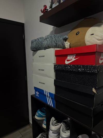 A shelf displays stacked shoe boxes from brands like Nike and Adidas, including boxes marked "Bad Bunny." Next to the shoe boxes, a plush, round, brown and white animal toy leans. A grey striped item lies between the toy and the shoe boxes. The shelf itself is dark wood and features sneakers displayed in a triangular pattern. A red action figure sits on the edge of the shelf. A black door or cabinet is visible in the background.