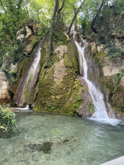 The image shows a waterfall in Bachkovo, Bulgaria. The waterfall cascades down a rocky cliff covered in moss and vegetation, emptying into a clear pool of water. Several small fish are visible swimming in the pool. The surrounding environment is lush and green, with trees and foliage framing the scene. A man-made structure, possibly a wall or retaining structure, is visible on the left side of the image, with a metal railing. The lighting suggests it is daytime, with sunlight filtering through the trees.