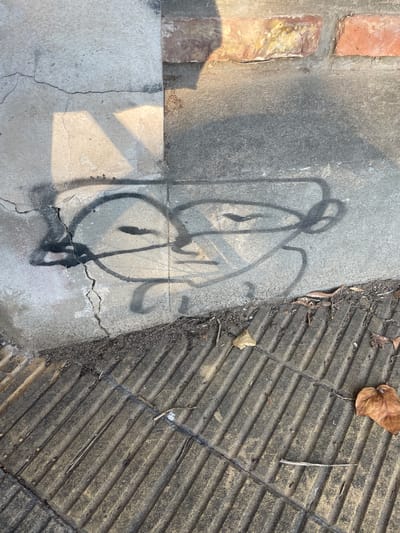 The image shows a section of cracked concrete sidewalk in Martínez, Argentina. Graffiti in black paint marks the surface, consisting of abstract overlapping circular and linear shapes. To the right of the concrete is a textured paving section with parallel raised ridges, where a few dry leaves and small twigs are scattered. The image is taken during daylight hours, with some shadows visible on the left side of the frame, near an edge bordered by bricks.