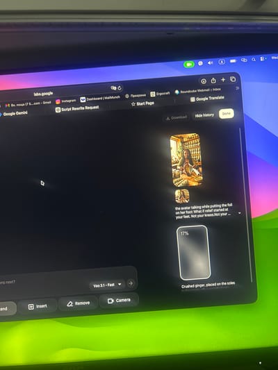 The image shows a screen capture of a computer display, possibly a laptop. Various browser tabs are open, including "labs.google," "Google Gemini," "Roundcube Webmail :: Inbox," "Google Translate," "Instagram," "Dashboard | MailMunch," "Script Rewrite Request," "Програма," and "Start Page." The main window appears to be a Google service (likely connected to image generation or editing), displaying an image of a person in what appears to be a shop. There is associated text mentioning "foil on her foot" and "crushed ginger, placed on the soles." A progress bar shows 17%. There is also a menu with options like "Insert," "Remove," "Camera," and "Veo 3.1 - Fast."

There is no specific indication in the image connecting the content to the city of Voluyak, Bulgaria.
