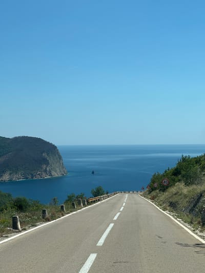 The image captures a coastal road near Novoselje, Montenegro, specifically a view of the Adriatic Sea. A paved road with white lane markings curves slightly downward. To the right of the road, the terrain slopes upwards with vegetation and road signs, including a speed limit sign with "40." To the left of the road, there's a drop-off with concrete posts and vegetation leading to the sea. An island or landmass protrudes into the blue sea. The sky is clear and blue. A faint jet stream contrail is visible in the upper left quadrant. A small boat is visible in the water.