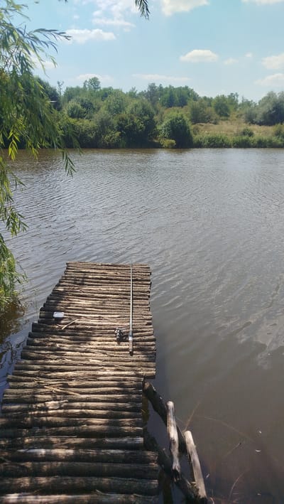 A wooden pier extends into a calm body of water under a bright, partly cloudy sky. Lush green trees and vegetation line the opposite bank of the water. On the pier, a fishing rod and reel are set up, suggesting an activity in progress. To the left of the fishing rod, a small white container is placed on the pier. The pier itself is constructed from rough-hewn logs, creating a rustic and weathered appearance. The water is a dark, murky brown with ripples indicating a gentle breeze. Sunlight casts shadows on the logs of the pier. The scene depicts a tranquil outdoor setting, possibly in the vicinity of Ostapivka, Ukraine, conducive to fishing and relaxation.