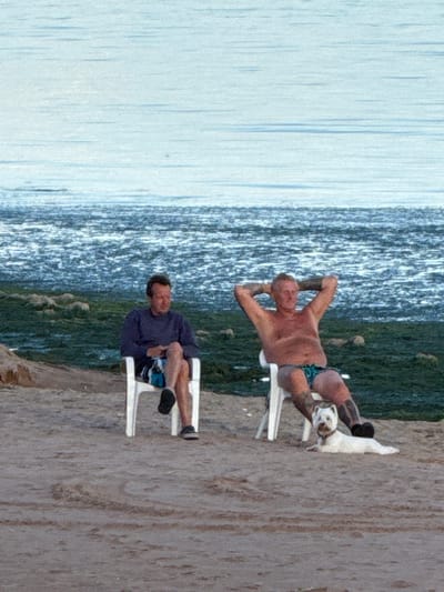 Two adult males are seated on white plastic chairs on a sandy beach, facing the sea. The male on the left is wearing a dark long-sleeved shirt and patterned shorts. He is looking down at his hands, which are clasped in his lap. The male on the right is shirtless, wearing patterned swim trunks, and has his arms behind his head. He is looking to his left. A small white dog is lying on the sand in front of the male on the right. The water in the background is choppy and appears to have green algae or seaweed along the shore. The sky is overcast and light blue. The location is the coast of Shepelevo, Russia.