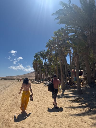 The image, currently rotated 90 degrees clockwise, captures a sunny outdoor scene featuring a sandy landscape bordered by a long row of palm trees. When viewed upright, a bright blue sky with scattered white clouds occupies the left side of the frame, with the sun casting a strong flare in the upper left corner.
A prominent line of tall palm trees runs diagonally from the mid-left foreground towards the background, creating a shaded area and casting long, distinct shadows across the wide expanse of light-colored sand to their right. Behind the palm trees, several people are visible, some appearing to be seated on beach chairs or resting under small, rustic structures.
In the foreground, two individuals are walking on the sandy ground. The person closer to the viewer, positioned on the right, is a woman with dark hair, dressed in a patterned bikini top and a flowing yellow or orange sarong/skirt. She carries a pair of shoes in one hand, and her elongated shadow trails behind her. To her left, slightly further back, is a man wearing dark, patterned swim trunks and a light-colored top, possibly holding a yellow item in his hand. His shadow is also clearly visible on the sand.
The time of day appears to be mid-morning to early afternoon, indicated by the strong, direct sunlight and the length and angle of the shadows. The weather is clear and bright, conveying a warm and relaxed atmosphere. No text is visible in the image. The scene suggests a beach or resort area, located in Pájara, Spain.