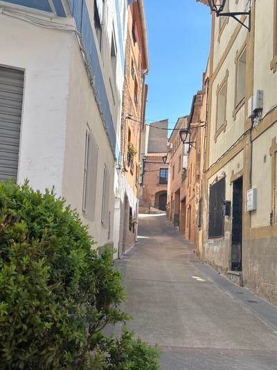The image depicts a narrow street in Mallén, Spain, flanked by buildings with a mix of architectural styles. The structures are predominantly multi-story, featuring a combination of brick and stucco facades. Windows are visible, some with shutters. Overhead, electrical wires span the street. The street surface appears to be paved with a mixture of concrete and brick, with varying degrees of wear and sunlight. A small green bush is visible in the foreground. The sky above is clear and blue.