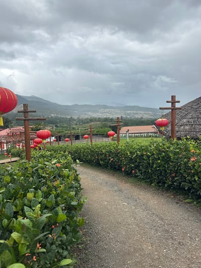 The scene depicts an outdoor pathway within Ban Mai Saha Sampan, Thailand, under an overcast sky. A gravel path curves slightly to the right, originating from the lower foreground and extending towards the middle ground. Both sides of the path are lined with dense, dark green bushes featuring small, scattered orange-red flowers. Numerous red Chinese-style lanterns with gold trim are suspended from a series of rustic, dark wooden posts arranged in a line alongside the path.
On the far left, a large red lantern is partially visible, obscuring part of a structure with a reddish-brown roof and wooden supports. On the far right, another large red lantern hangs adjacent to a conical thatched roof structure. Further in the middle ground, beyond the path and greenery, multiple buildings with brown roofs are discernible amidst a backdrop of green fields and foliage.
The background features a panorama of rolling hills and mountains under a uniformly grey, cloudy sky. No individuals are present in the visible area. The environment indicates an outdoor setting, likely a decorative garden or cultural area, with mountainous terrain in the distance.