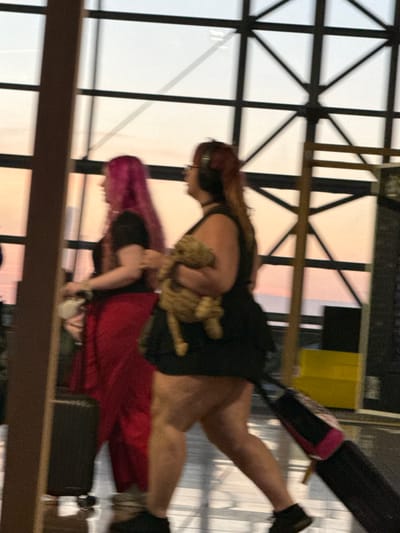 Two individuals are walking through what appears to be an airport terminal, likely Brussels Airport (BRU) in Zaventem, Belgium, given the context. The person on the left has bright pink hair and is wearing a black top and a long red skirt. They are carrying a white bag in their left hand and are walking beside a dark suitcase. The person on the right is wearing headphones and a black dress. They are holding a tan-colored stuffed animal. This individual is pulling a black suitcase with pink accents. They are walking towards the right side of the frame. The background shows large windows with a latticed metal frame, suggesting an indoor space with natural light. The sky visible through the windows appears to be a pale orange or pink, indicating either sunrise or sunset. The floor is reflective, showing a blurred pattern of light and shadow, consistent with a polished floor in a public building. Several yellow and black objects are visible in the background, possibly seating or storage units. The scene is somewhat blurred, suggesting movement.