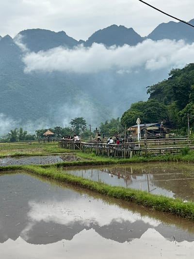 The image depicts a scenic view in Mai Chau, Vietnam, featuring lush green rice paddies in the foreground, partially flooded and reflecting the overcast sky and distant mountains. A wooden walkway, bustling with approximately a dozen people, traverses the rice fields, leading to a small thatched-roof hut and a cluster of buildings in the mid-ground. The background is dominated by verdant, mist-shrouded mountains, characteristic of the Mai Chau landscape. Wisps of smoke rise from the fields or nearby areas, adding to the atmospheric quality of the scene. The overall impression is one of rural tranquility and natural beauty.