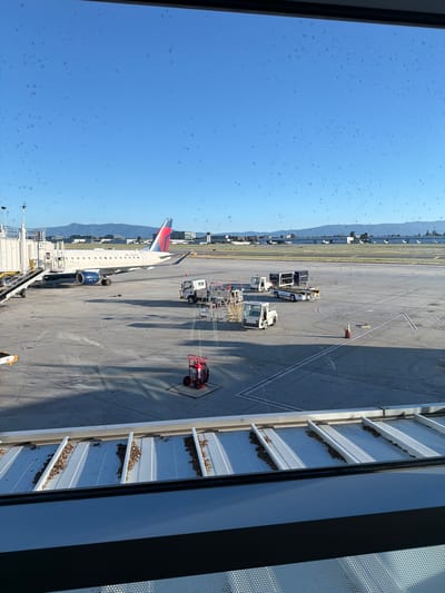 A Delta Airlines Embraer 175 aircraft, registration N29511, is parked at a gate at San Jose International Airport (SJC), California. The aircraft is connected to a jet bridge, and ground support equipment is visible on the tarmac, including baggage tugs, a tow tractor, and a fire extinguisher. In the background, other aircraft are parked on the apron, and the city skyline with distant mountains is visible under a clear blue sky. The image is taken from an elevated position, likely from an airport terminal window, and the foreground shows part of the terminal's roof structure.