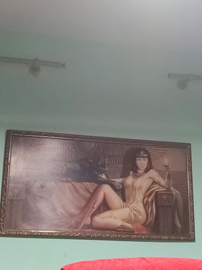 The image shows a painting hanging on a light green wall. The painting depicts an ancient Egyptian-themed scene with a woman and a panther. The woman is seated and wearing a golden dress and a headdress. She is holding a lit candle in her right hand. A panther is positioned behind her, resting its head on her lap. The painting is framed and has ornate detailing. Two light fixtures are visible on the wall above the painting. In the foreground, a portion of a red textured surface is visible. The location in the city of Krasnosilka, Ukraine, is not discernible from the image.
