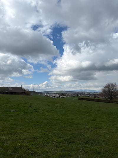 The image depicts a panoramic landscape captured from an elevated position within the Fribourg canton, specifically from an agricultural field in the municipality of Granges-Paccot, Switzerland. The view is oriented southeast, overlooking the Fribourg agglomeration and the distant Prealps.

In the foreground, a gently undulating green grass field dominates the lower half of the frame. The mid-ground on the left features a multi-story, dark-roofed agricultural building, possibly a barn or stable, constructed with brown siding. Adjacent to this structure, a utility pole with multiple horizontal power lines extends across the scene towards the right. A separate, slender mast with cellular antennas is visible near the agricultural building. The mid-ground on the right includes a dense, manicured green hedgerow, possibly demarcating a property line, with a thin, light-colored fence running along its top. A large, bare deciduous tree stands at the far right edge of the frame.

In the distant mid-ground, a sprawling residential and commercial area, part of the Fribourg city or its periphery, is visible, characterized by numerous buildings with light-colored facades and darker roofs. A road or highway appears to traverse this built-up zone, with indistinct vehicles present. The background reveals a series of rolling green hills, some covered with scattered trees or forests, and culminates in a distinct range of snow-capped mountains on the distant horizon, indicative of the Prealps.

The sky is largely covered by a mixture of large, fluffy white cumulus clouds and darker, denser stratocumulus formations, with several patches of clear blue sky visible, particularly towards the upper left and center. No people are present in the scene, and no specific actions or interactions are depicted. The overall environment transitions from rural agricultural land to a suburban/urban setting, backed by natural mountain formations under a partially cloudy daylight sky.