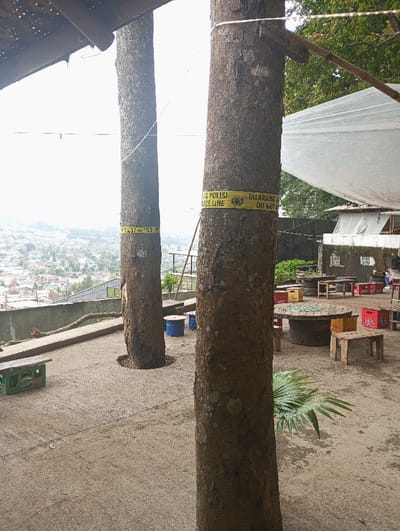 The scene depicts an outdoor, elevated commercial or recreational area in Gadog, Indonesia, with a sprawling town visible in the distant background under an overcast sky. Two large tree trunks are prominent in the midground, both encircled by yellow "POLISI LINE DO NOT CROSS" tape; additional text "DILARANG DO NOT" is visible on the tape around the right tree. The ground transitions from a textured concrete pavement on the left, where a green plastic crate with "SANTA" visible rests, to a compacted dirt and gravel surface on the right. On the dirt area, various makeshift furniture includes multiple wooden stools, tables constructed from large wooden cable spools (some resting on stacked vehicle tires), and numerous red and yellow plastic crates. A blue metal barrel is positioned near the base of the left tree. Overhead on the left, a partial wooden roof structure is visible, while a large white tarpaulin canopy, supported by bamboo poles, covers a section of the area on the right. The urban landscape in the background consists of densely packed buildings and structures, viewed from a high vantage point beyond a low concrete retaining wall. No individuals are present within the frame.