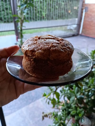 A person's hand holds a glass plate containing a single, round, light brown cake. The cake is roughly 4 inches in diameter and has a slightly rough texture. It is held by an individual in the foreground, with the cake positioned slightly to the right of the center of the image. The plate is held at an angle, and the cake is visible in the center of the plate. In the background, a blurry image of a green leafy plant and a partially obscured brick wall are visible. The scene appears to be set outdoors in a residential area. The location is in El Talar, Argentina, with coordinates of latitude: -34.473 and longitude: -58.639. The lighting in the photo is bright and appears to be natural sunlight.