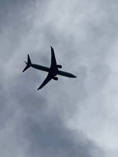 An image shows an airplane flying in a cloudy sky from below. The airplane is silhouetted against the overcast sky. The airplane's wings are spread wide, and its tail is clearly visible. The scene suggests that the airplane is either ascending or descending. The image is taken from a low angle, looking up at the aircraft. There is no visible indication of the city of Miami Beach, United States of America.