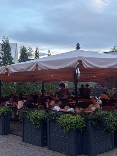 The image captures an outdoor seating area of a restaurant or cafe in Vidnoye, Russia, under a large canopy providing shade. The scene is set during twilight, with a cloudy sky overhead. Several groups of people are seated at tables, engaged in dining and conversation. In the foreground, two dark planters filled with lush green foliage line the patio. A waiter, wearing a dark shirt, is seen holding a tray with dishes, serving customers. The architecture in the background includes modern buildings and trees. The overall atmosphere suggests a relaxed evening gathering.
