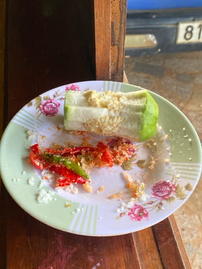 An overhead view captures a light green and white patterned ceramic plate, adorned with pink rose motifs, resting on a dark brown wooden surface. On the plate's upper right, a section of light green guava, featuring exposed white flesh and numerous small pale yellow seeds, is present. Towards the bottom left of the plate, a mixture of chopped red and green chili peppers is combined with white crystalline salt. Scattered salt crystals and remnants of the chili mixture are visible across the plate's surface. In the blurred background, a dark wooden vertical element, possibly a window or door frame, is visible on the left. To the right of this frame, a dark blue object is partially obscured, revealing the white numerals "81" against a darker background, suggesting a license plate or sign. The ground beyond is composed of irregular tan-colored paving stones or tiles. The scene is illuminated by natural light. The location is in the city of Đak Đoa, Vietnam.