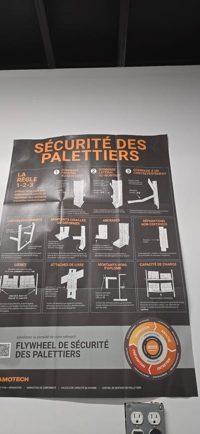 The image shows a safety poster about pallet racking systems, titled "SÉCURITÉ DES PALETTIERS" (Pallet Racking Safety). The poster is predominantly orange and black. It features a set of rules labeled "LA RÈGLE 1-2-3" (The Rule 1-2-3) for prioritizing repairs of damaged racking components. It also illustrates and describes different types of damage and their implications, such as "DOMMAGE FRONTAL AU MONTANT" (Front damage to the upright), "DOMMAGE LATÉRAL AU MONTANT" (Lateral damage to the upright), "DOMMAGE À UN CONTREVENTEMENT" (Damage to a bracing), "CONTREVENTEMENTS" (Bracings), "MONTANTS CISAILLÉS OU DÉFORMÉS" (Sheared or deformed uprights), "ANCRAGES" (Anchors), "RÉPARATIONS NON CERTIFIÉES" (Uncertified repairs), "LISSES" (Beams/Levels), "ATTACHES DE LISSE" (Beam attachments), "MONTANTS HORS D'APLOMB" (Out-of-plumb uprights), and "CAPACITÉ DE CHARGE" (Load capacity).
At the bottom, there's a section that reads "Améliorez la sécurité de votre entrepôt FLYWHEEL DE SÉCURITÉ DES PALETTIERS" (Improve your warehouse safety Pallet Racking Safety Flywheel), followed by a logo that appears to be "AMOTECH" with text below it including "INSPECTION + RÉPARATION", "INSPECTION DE CONFORMITÉ", "CALCULS DE CAPACITÉ DE CHARGE", and "LOGICIEL DE GESTION DES PALETTIERS".
A circular graphic with various sections like "INSPECTION", "ANALYSE", "ENTRETIEN", and "PRÉVENTION" is also present.
The poster is affixed to a white wall, with the top portion of the image showing a black structure, possibly part of the ceiling or a shelf system. In the bottom right corner, there is a visible electrical outlet with two sockets.
The question about the location in Drummondville, Canada, cannot be answered from the image itself. There are no visible landmarks, signs, or any other contextual clues within the image that would indicate its specific location in Drummondville or any other city. The image is a generic safety poster commonly found in industrial or warehouse settings.