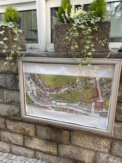This media file is an outdoor, eye-level shot of a detailed map of Karlovy Vary, Czechia. The map is mounted in a silver frame and appears to be displayed on a stone wall. The map itself is a colorful illustration, depicting buildings, streets, trees, and a body of water. The perspective is slightly tilted, and the map is oriented vertically within the frame. In the foreground and to the left of the map, there are planters filled with greenery, including a conifer and ivy. The wall surrounding the map and planters is constructed from large, rough-hewn grey stones. The lighting suggests it is daytime, and the weather appears to be fair, with sunlight casting shadows on the stone. The overall scene conveys a sense of place, likely a tourist area or information point in Karlovy Vary. Visible text on the map includes "Karlovy Vary" and "Vřídelní Kolonáda."