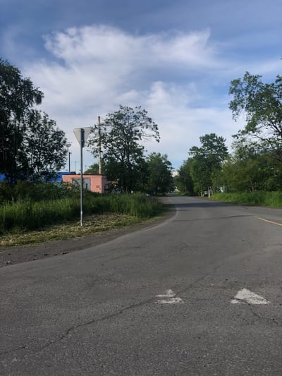 The image shows a view of a paved road curving to the right in the city of Svetly, Russia. On the left side of the road, there is a tall, thin triangular sign with a white reflective surface, mounted on a pole. Behind the sign, there is a low, pink building with a white door and a blue roof, surrounded by dense green grass and trees. A tall, yellow and brown striped smokestack is visible behind the pink building. The road itself is asphalt, with visible cracks and white directional arrows painted on the surface in the foreground. Trees line both sides of the road, with lush green foliage. The sky above is partly cloudy with a mix of blue sky and white clouds. The overall impression is a somewhat rural or suburban setting on a clear day.
