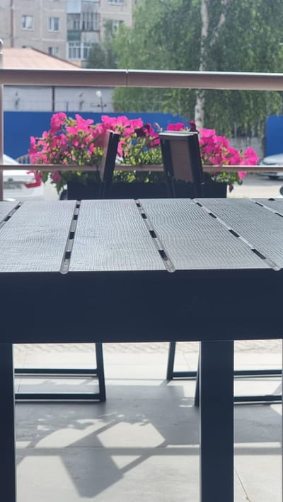 This image captures an outdoor seating area with a textured, dark table in the foreground. Behind the table, vibrant pink petunias bloom in planters, with two dark chairs visible between the flowers. In the background, a building with multiple windows and a red-tiled roof is visible, along with green trees and a bright blue wall. The overall impression is of a pleasant, possibly urban, outdoor space in Megion, Russia, on a bright day, with the focus on the floral display and the table setting.