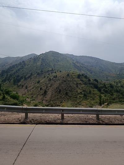 The image depicts a scenic view of a mountainous landscape, likely in or around Kamchik Pass, Uzbekistan. In the foreground, a paved road with a yellow line marking its center is visible. A metal guardrail runs along the edge of the road, separating it from a rocky embankment. Beyond the embankment, the mountains rise, covered in lush green vegetation and dotted with scattered trees. The slopes are irregular and show signs of natural erosion. The sky above is overcast with scattered clouds, creating a diffused light. Power lines are visible stretching across the sky. The overall impression is one of a natural, somewhat rugged environment, characteristic of a mountain pass.