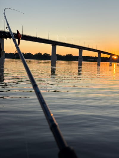The image depicts a fishing rod extending from the foreground into the scene, angled towards the upper left. The rod is in sharp focus, with its tip bent, suggesting it is in use. In the background, a long, multi-span bridge crosses a wide river. The setting sun casts a warm, orange glow on the water and the sky, creating reflections on the water's surface. The bridge is illuminated by streetlights, and the trees along the riverbank are silhouetted against the colorful sky. The scene appears to be set in a natural environment near a city, potentially Kambarka, Russia, given the presence of a large bridge over a river. The overall atmosphere is tranquil and serene, capturing a moment of outdoor recreation at sunset.