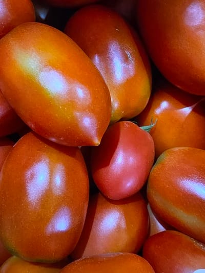 A close-up, overhead shot displays a cluster of Roma tomatoes. The tomatoes are a vibrant orange-red color, with some showing a slightly greener hue near the stem. They are smooth and plump, with a glossy sheen reflecting the light. The arrangement is dense, with the tomatoes packed tightly together. The background is dark and indistinct, serving only to highlight the tomatoes. There are no people or any indication of a specific location within Voluntari, Romania. The scene is a still life of produce.