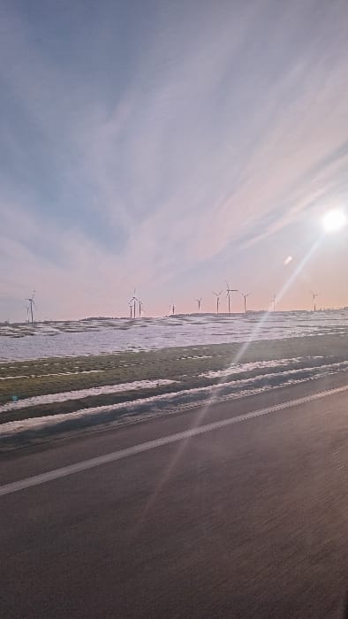 The image captures an expansive, partially snow-covered rural landscape near Karznica, Poland, under a vast sky exhibiting a gradient from light blue at the top to pale pink and orange near the horizon. Wispy white clouds are visible across the sky. A bright sun, emitting prominent lens flares and streaks, is positioned in the upper right quadrant of the frame. In the midground, a field or open terrain is interspersed with patches of white snow and visible green-brown vegetation. Distributed across this landscape are at least fifteen industrial-scale wind turbines, their dark silhouettes and blades prominent against the lighter sky and distant horizon. The foreground features an asphalt road with a solid white lane marking visible on the left side, extending parallel to the lower edge of the image. The road surface reflects sunlight, creating additional glare. No individuals, explicit actions, or interactions are discernible within the scene.