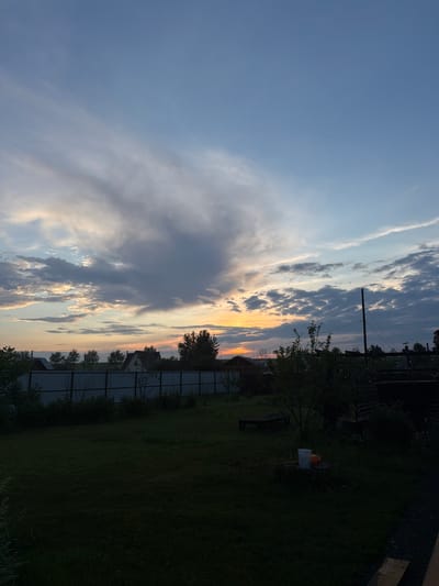 This is a vertical, wide-angle photograph of a rural sunset scene in Emel'yanovo, Russia. The image is dominated by a vast sky filled with dynamic clouds. Streaks of soft white and grey clouds stretch across a pale blue expanse, catching the warm hues of the setting sun in shades of orange and yellow near the horizon.
Below the sky, a silhouetted landscape unfolds. A dark, metal fence runs horizontally across the middle ground, separating a grassy yard from the area beyond. Several houses with dark roofs are visible, some partially obscured by trees. The yard itself is a deep green, lush with grass and punctuated by various trees and shrubs, some of which are silhouetted against the brighter sky. In the foreground of the yard, a small white structure with an orange bucket on top is visible. A single utility pole with wires stretches upwards from the treeline towards the sky, adding a man-made element to the natural scenery. The overall mood is tranquil and serene, characteristic of a peaceful evening in the countryside. The time of day is clearly sunset, with the low-angled sunlight casting long shadows and bathing the clouds in warm colors.